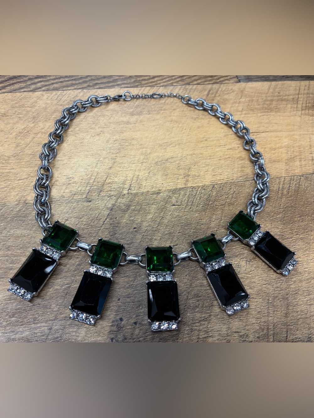 Anthropologie Jacamar Bib Necklace Green Black Rhinestone Gems Silver Tone